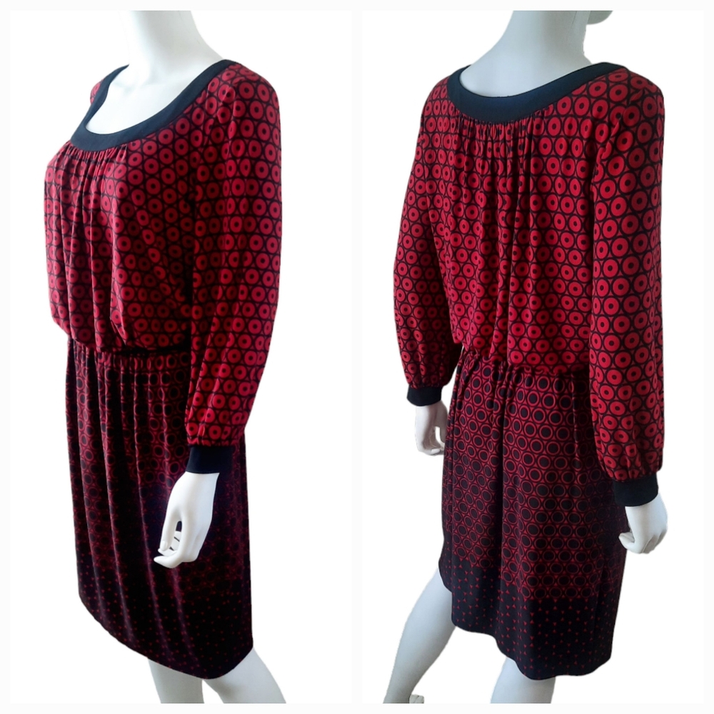 MAGGY LONDON Printed Knit Blouson Long Sleeve Knee-Length Dress Sz 12 Red/Blk